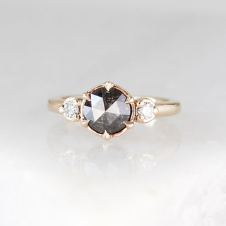 Round rose cut salt and pepper diamond engagement ring