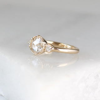 Round rose cut white diamond engagement ring three quarter view