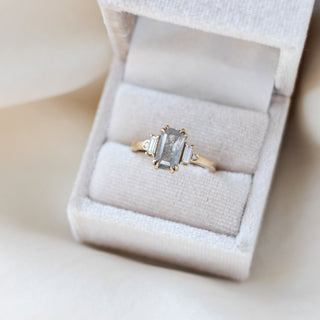 Emerald cut salt and pepper diamond ring with baguette and round diamond side stones in yellow gold, in ring box