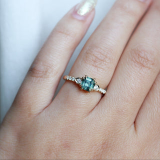 Cut Corner Rectangle Step Cut Green Sapphire Ring on hand