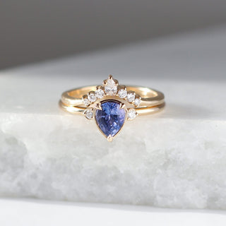 Pear Serina Diamond Band stacked with pear blue sapphire engagement ring, front view