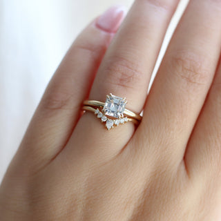 Pear Serina Diamond Band stacked with square white sapphire engagement ring, on hand
