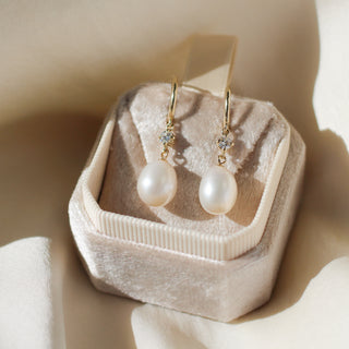 Pearl and diamond drop hoop earrings in jewellery box