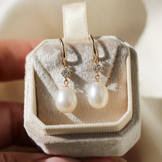 Pearl and diamond drop hoop earrings in jewellery box in hand