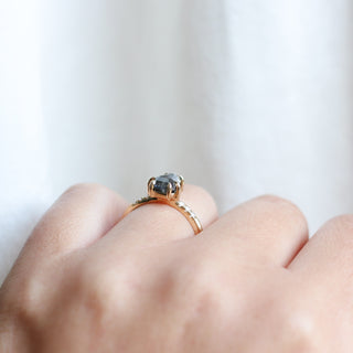 Shield Cut Salt And Pepper Diamond Ring side view on hand
