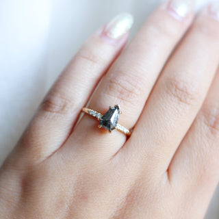 Shield Cut Salt And Pepper Diamond Ring on hand in sunlight