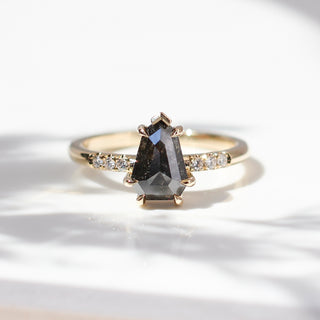 Shield Cut Salt And Pepper Diamond Ring detail view in sunlight 