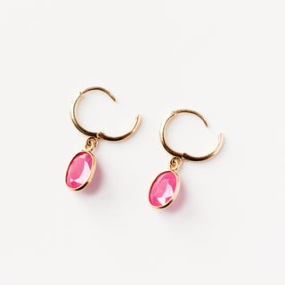 Red Ruby Bezel Drop Hoop Earrings side view with locks open