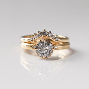 Grey Diamond stacking band paired with round diamond gold ring front view