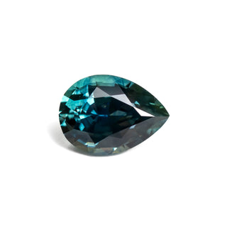 Teal pear brilliant cut sapphire on white background