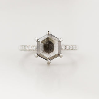 Platinum engagement ring with a hexagon salt and pepper diamond and pavee diamonds 