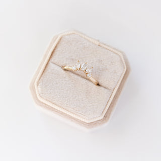 Yellow gold crown contour band with clear diamonds, in ring box