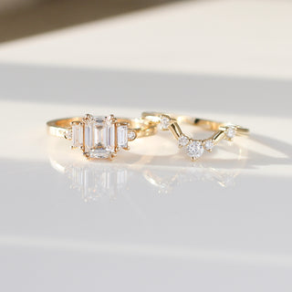 Yellow gold contour band with white diamonds and a yellow gold ring with white diamonds, side by side front view