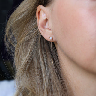 Pearl Threader Earrings in yellow gold being worn close up