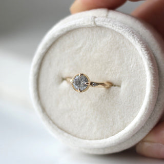Round rose cut diamond ring in yellow gold in ring box