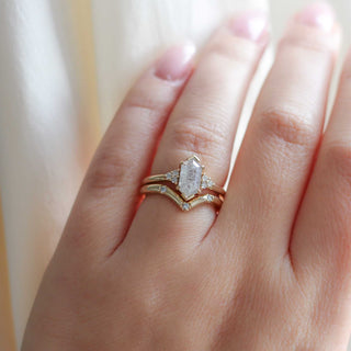 Three diamond chevron band wedding set on hand