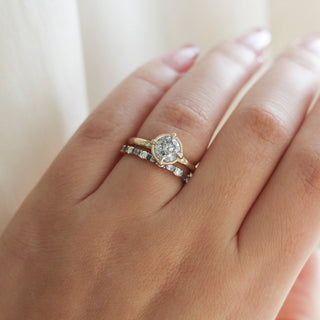 Deco Diamond Band stacked with round diamond gold ring on hand