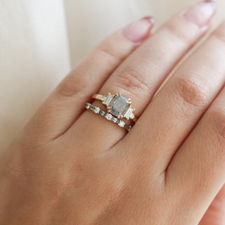 Deco Diamond Band stacked with salt and pepper diamond ring on hand 