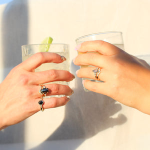 Oval Black Diamond Ring stack with drinks group shot