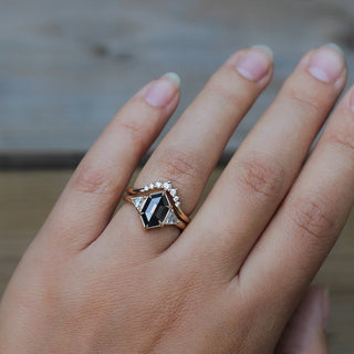Sahara Diamond v shaped band stacked with black diamond ring on hand