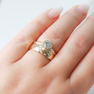 Shooting Star Diamond Wide Band stacked with round diamond ring on hand
