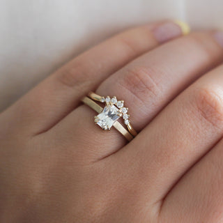 White Sapphire Gold Ring paired with wave diamond stacking band on hand