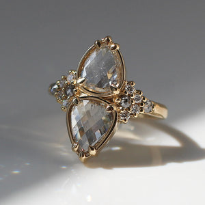 Double Pear Diamond Ring in light close up