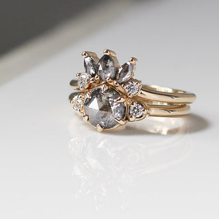 Sunrise Diamond Crown Band stacked with large salt and pepper diamond ring quarter view