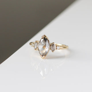 Marquise salt and pepper diamond ring three quarter view