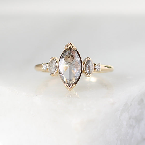 Marquise salt and pepper diamond engagement ring