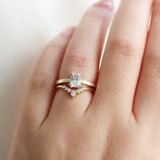 White Sapphire Gold Ring paired with diamond stacking band on hand