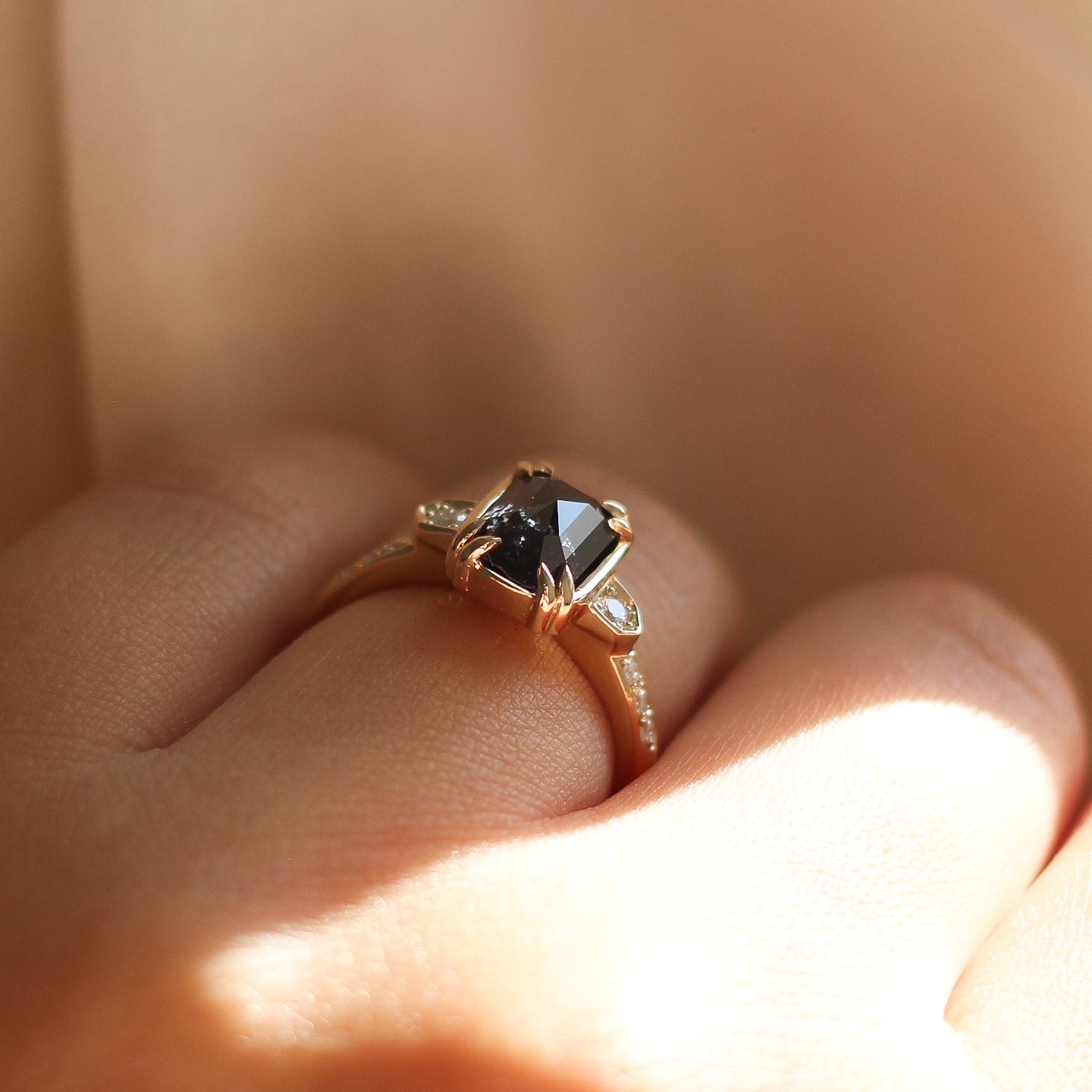 European Engagement Ring - Black Emerald Diamond Triquetra Celtic Engagement  Ring in 14K White Gold - ER245EC