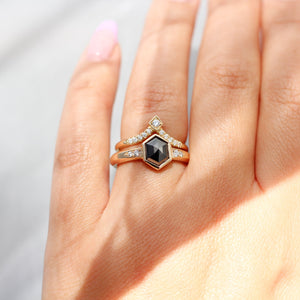 Black Diamond Ring with Chevron Diamond Band set on hand in light