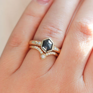 Black Diamond Ring with Chevron Diamond Band set on hand 