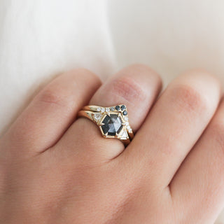 Black and Salt and Pepper Diamond Point Band stacked with salt and pepper diamond ring on hand