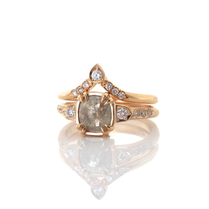 Pear Diamond Point Band stacked with salt and pepper diamond ring quarter view