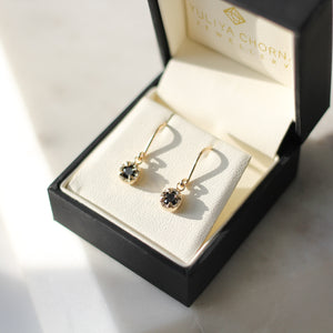 Round Black Diamond Earrings in light in jewelery box 