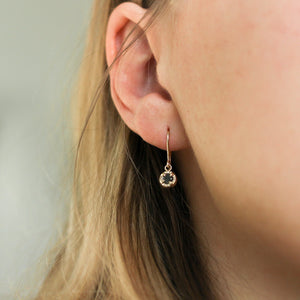 Round Black Diamond Sun Earrings worn on ear 