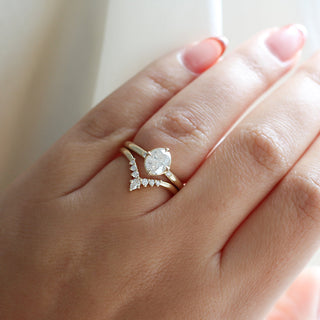 Serina Diamond Crown Band stacked with oval diamond ring on hand