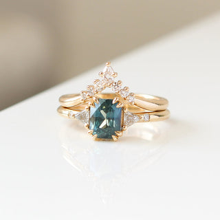Serina Diamond Crown Band stacked with square sapphire and diamond gold ring quarter view