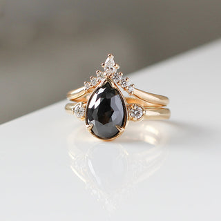 Serina Diamond Crown Band stacked with oval black diamond ring  quarter detail view