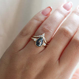 Serina Diamond Crown Band stacked with oval black diamond ring on hand view