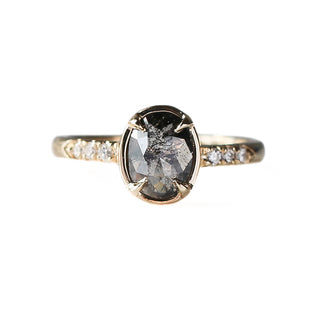 Oval salt and pepper diamond ring in yellow gold front view 
